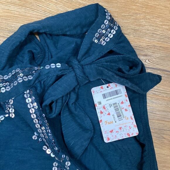 Free People Glitter City Tie Neck Mock Dark Turquoise Halter Sequin Top XS NWT - Picture 7 of 10